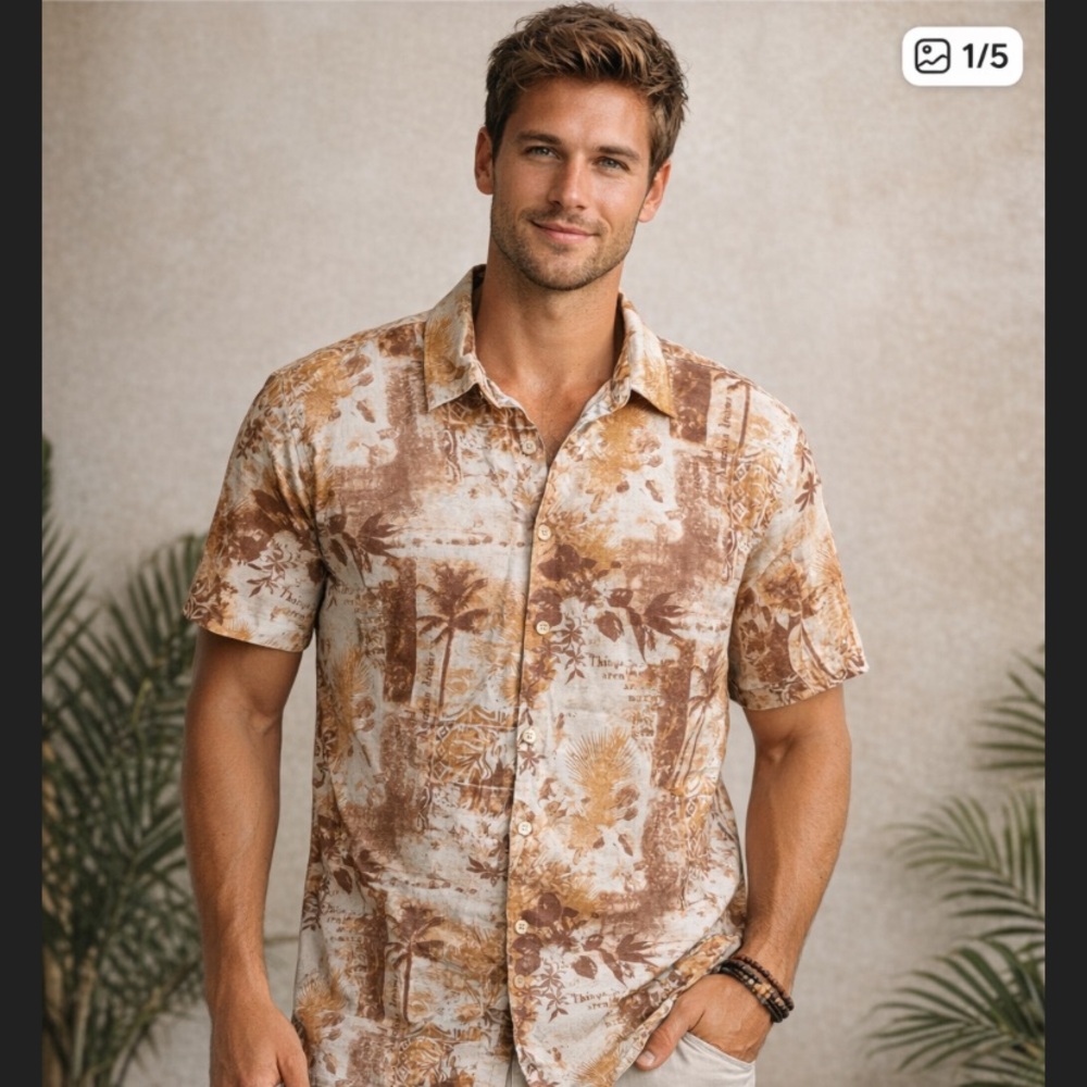 Margaritaville Brown and Cream tropical linen/ silk shirt